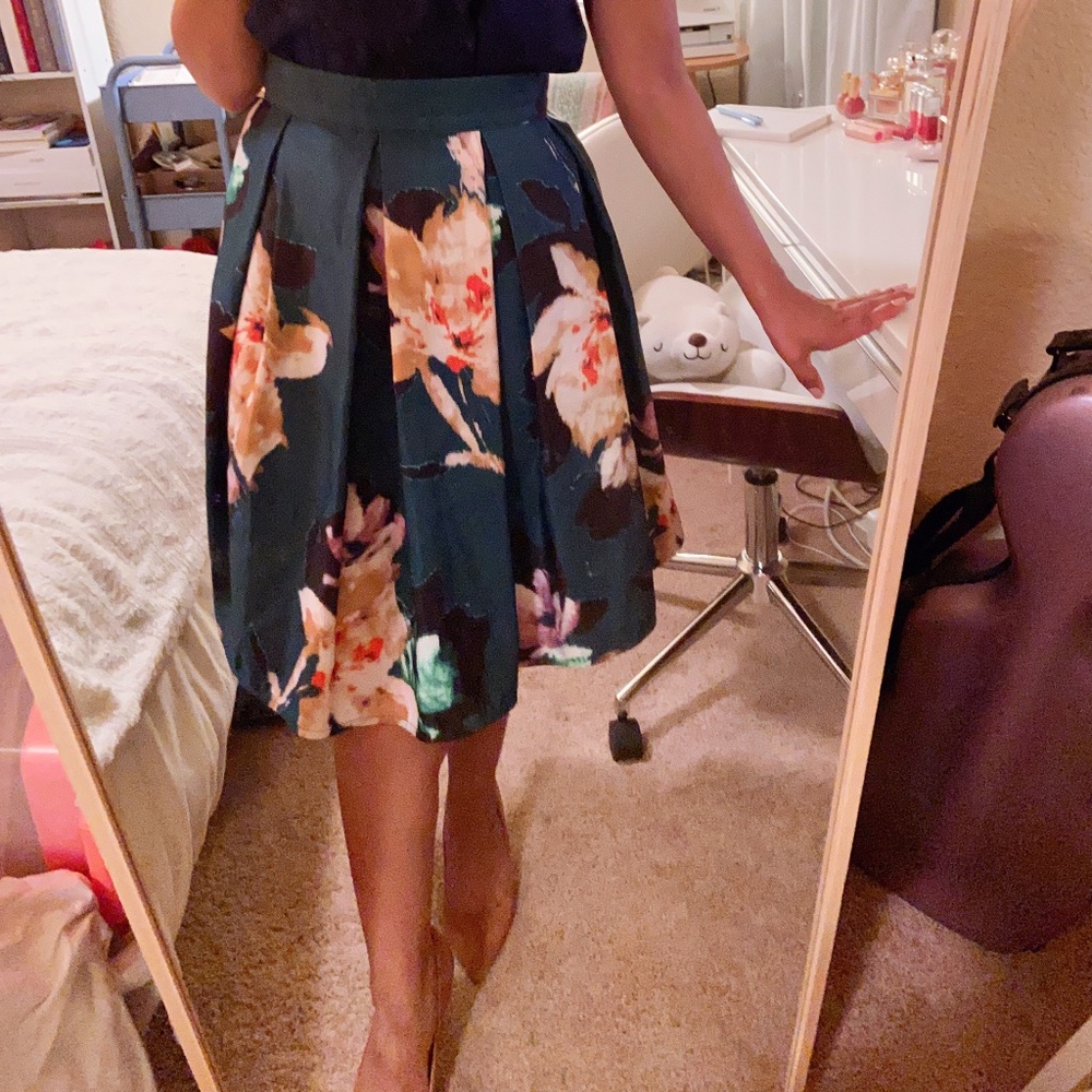 Floral Navy and Green Box Pleated Skirt